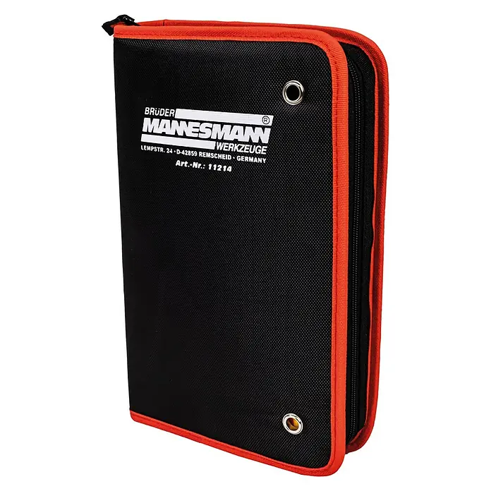 Brüder Mannesmann Schraubendreher-Set - 14 -tlg. - Schwarze Werkzeugtasche von Brüder Mannesmann mit roter Umrandung und zwei Ösen für die Aufbewahrung von Werkzeugen.