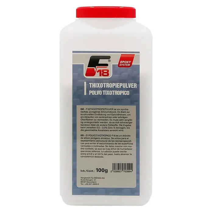 F18 Thixotropierpulver TX2 - 100 g, Geeignet für: Epoxidharz - Dose F18 Thixotropiepulver, ein Verdickungsmittel für Epoxidharze, mit rotem Deckel und Etikett mit Produktinformationen.