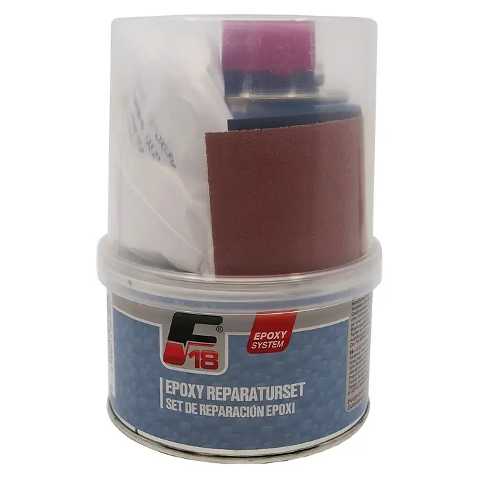 F18 Reparatur-Set - 250 g - Epoxid Reparaturset F18 in durchsichtiger Verpackung, ideal für schnelle und dauerhafte Reparaturen im Haushalt oder in der Werkstatt.