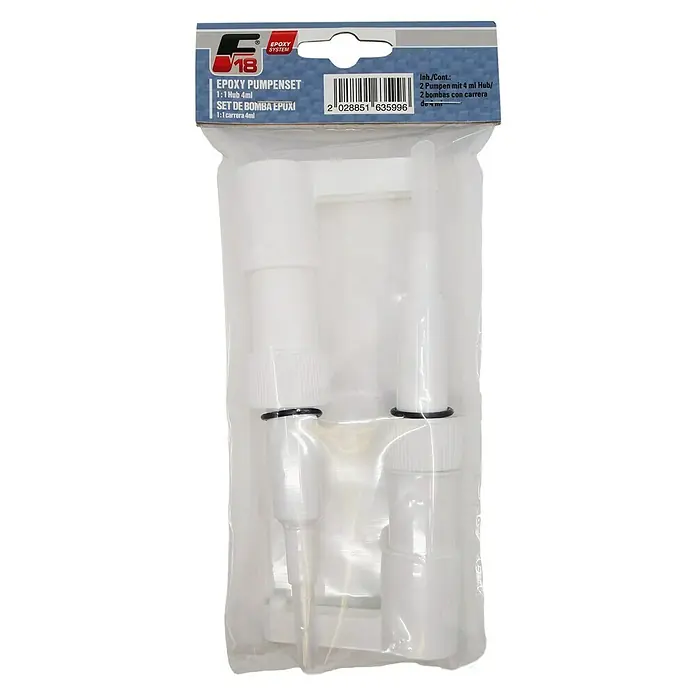 F18 Pumpen-Set - 2 Stk. - Verpackte F18 Epoxy Pumpen-Set (1:1 Hub 4ml) mit zwei Pumpen zum präzisen Dosieren von Epoxidharzsystemen.
