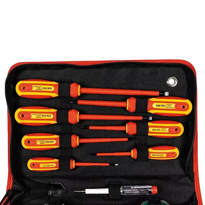 Brüder Mannesmann Schraubendreher-Set - 14 -tlg. - Isolierter Schraubendrehersatz in roter und schwarzer Reißverschlusstasche, mit rot-gelben Griffen, verschiedenen Spitzen und einem Spannungsprüfer.