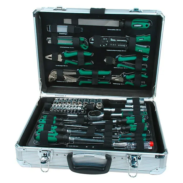 Brüder Mannesmann Werkzeugkoffer - L x B x H: 15,5 x 46,5 x 38,5 cm, 108 -tlg. - Werkzeugkoffer geöffnet mit einer Vielzahl von Werkzeugen, ordentlich in Fächern angeordnet.