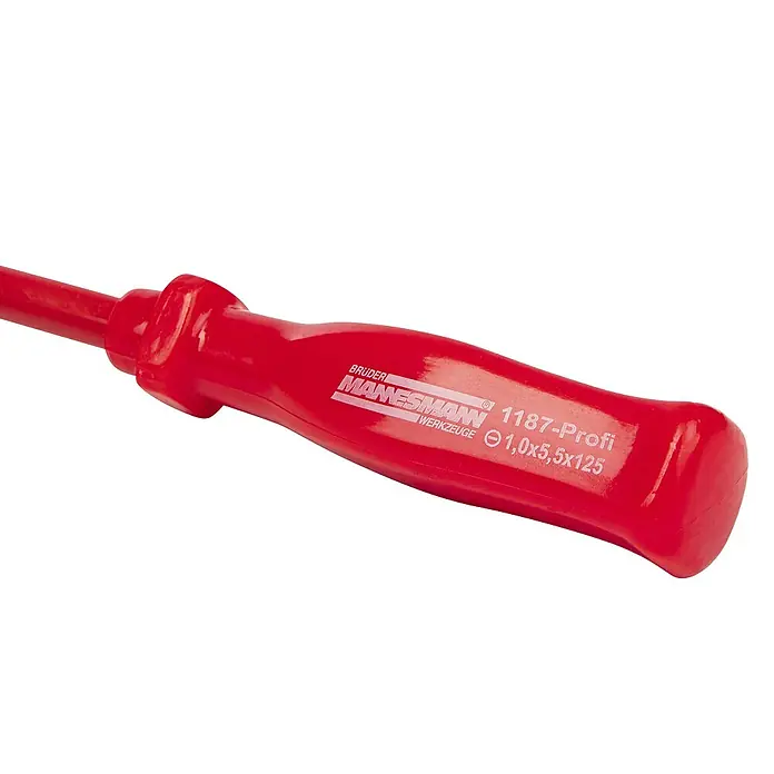 Brüder Mannesmann Elektriker-Schraubendreher - 7 -tlg. - Roter Schraubendreher von Brüder Mannesmann, Modell 1187-Profi, Werkzeug 1,0x5,5x125 mm für präzise Schraubarbeiten.