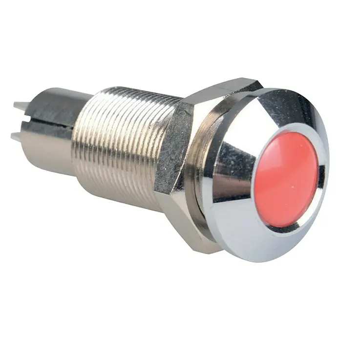 Talamex Indicatorleuchte für Boote - 12 V, Rot - Nahaufnahme eines roten Kontrollleuchte-Schalters mit Chromfassung, der für elektronische Anwendungen geeignet ist.