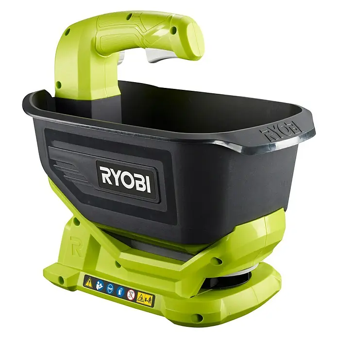 Ryobi ONE+ Handstreuer OSS180018 V, Anzahl Akkus: Ohne Akku - Bild eines Ryobi-Streuwagens, einem Gartengerät zum gleichmäßigen Verteilen von Samen, Dünger oder Streusalz.
