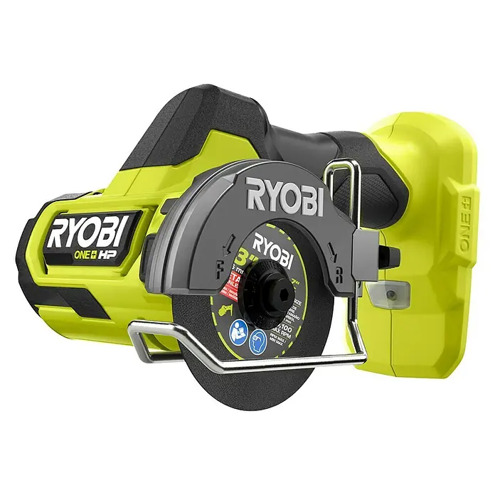 Ryobi ONE+HP Akku-Winkelschleifer RCT18C-0 - 18 V, Ohne Akku - Nahaufnahme der RYOBI ONE HP Akku-Kreissäge, ein kompaktes und leistungsstarkes Werkzeug für verschiedene Schneidarbeiten.