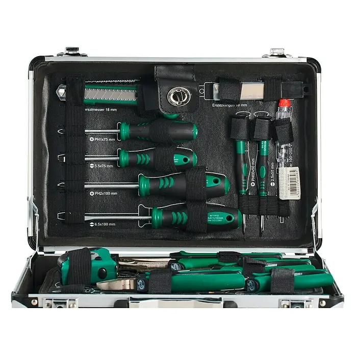 Brüder Mannesmann Werkzeugkoffer - L x B x H: 36,5 x 37 x 13,5 cm, 90 -tlg. - Werkzeugkoffer mit Schraubendrehern, Messern und anderem Handwerkszeug, ordentlich verstaut und einsatzbereit.