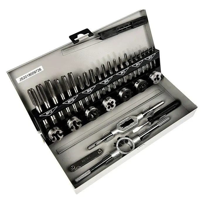 Brüder Mannesmann Gewindeschneidsatz - 32 -tlg. - Tap and die set in Metallkoffer. Werkzeugsatz zum Schneiden von Innen- und Außengewinden, ideal für Profis und Heimwerker.