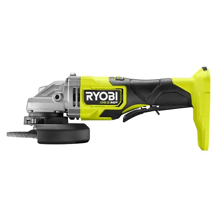 Ryobi ONE+HP Akku-Winkelschleifer RAG18X-0 Performance - Ohne Akku, Durchmesser Scheibe: 125 mm - Nahaufnahme eines gelb-schwarzen Ryobi ONE+ HP Winkelschleifers mit Akku, ideal zum Schleifen und Schneiden von Materialien.