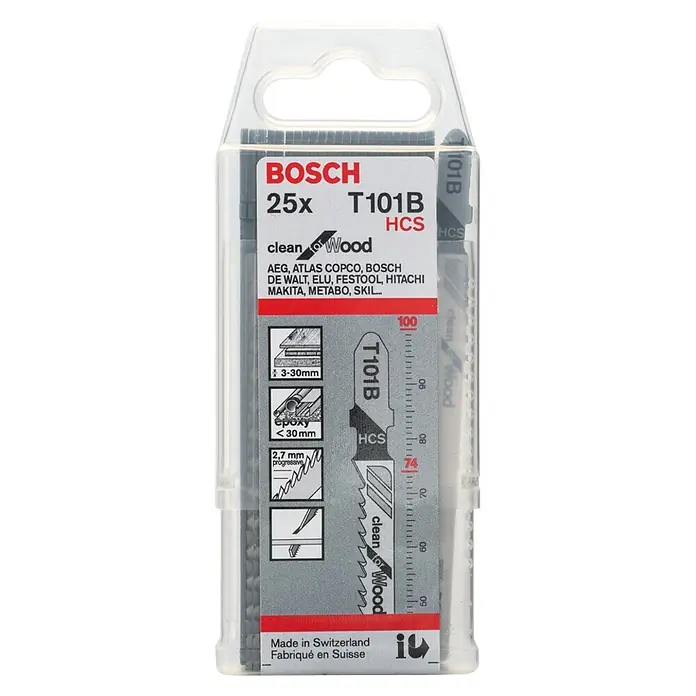 Bosch Stichsägeblätter T 101 B - Weichholz/Kunststoffe, T-Schaft - Bosch T101B Stichsägeblätter für saubere Holzschnitte, 25 Stück im Set, ideal für präzise und ausrissfreie Ergebnisse.
