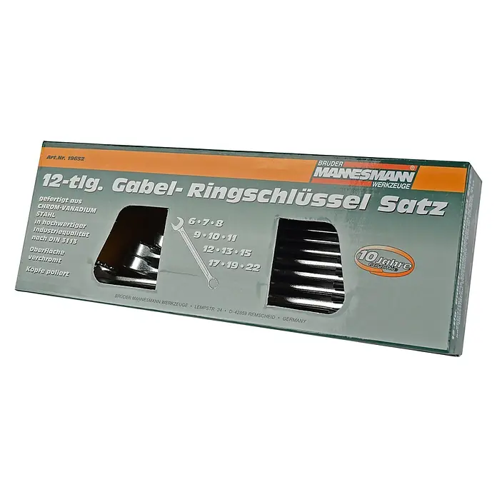 Brüder Mannesmann Ringmaulschlüssel-Satz - Schlüsselweite: 6 mm - 22 mm - Abbildung eines 12-teiligen Gabel-Ringschlüssel-Satzes von Brüder Mannesmann Werkzeuge.