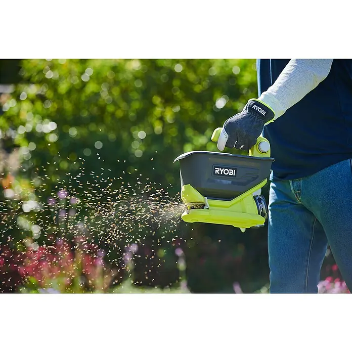 Ryobi ONE+ Handstreuer OSS1800 - 18 V, Anzahl Akkus: Ohne Akku - Ein Ryobi-Streugerät wird zum Ausbringen von Saatgut oder Dünger verwendet. Ideal für Gärten und Rasenflächen, um eine gleichmäßige Verteilung zu erreichen.