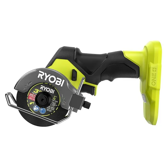 Ryobi ONE+HP Akku-Winkelschleifer RCT18C-0 - 18 V, Ohne Akku - Nahaufnahme einer Ryobi ONE+ Akku-Metallsäge, die ein kompaktes, handliches Design und die Marke Ryobi aufweist.
