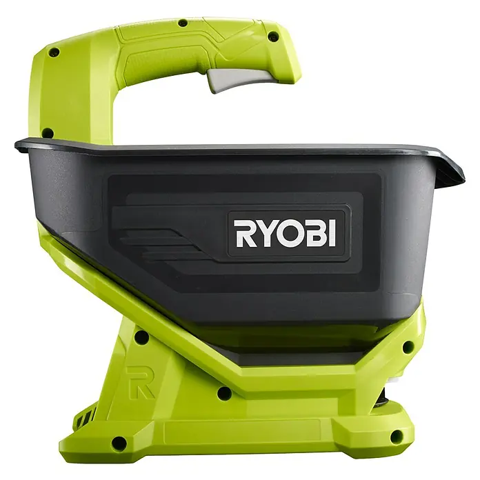 Ryobi ONE+ Handstreuer OSS1800 - 18 V, Anzahl Akkus: Ohne Akku - Nahaufnahme eines RYOBI-Streuwagens, ideal für die Gartenarbeit. Er zeichnet sich durch sein ergonomisches Design und seine benutzerfreundliche Bedienung aus.