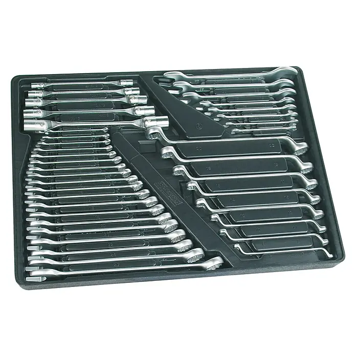 Brüder Mannesmann Werkstattwagen Green Line - L x B x H: 114 x 75 x 55 cm - Ein Set mit einer Vielzahl von Schraubenschlüsseln, ordentlich in einer schwarzen Werkzeugkiste angeordnet. Ideal für Mechaniker und Heimwerker.