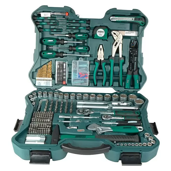 Brüder Mannesmann Maletín de herramientas Green Line - 303 pzs. - Un completo kit de herramientas verde, abierto y mostrando varias herramientas manuales, puntas y vasos organizados en compartimentos.