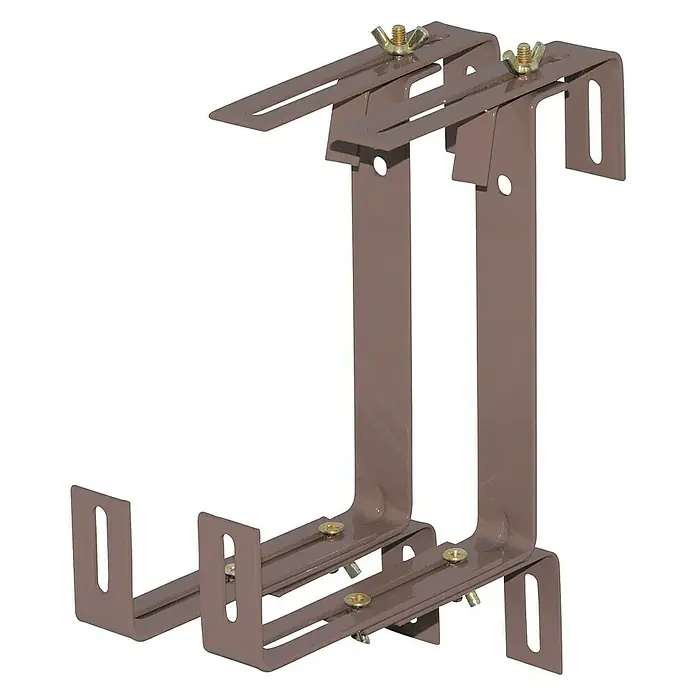 Geli Balkonkastenhalter Typ A - Taupe, 3-fach verstellbar, 2 Stk. - Nahaufnahme von zwei verstellbaren Dachrinnenhalterungen aus Metall mit Schrauben und Flügelmuttern.