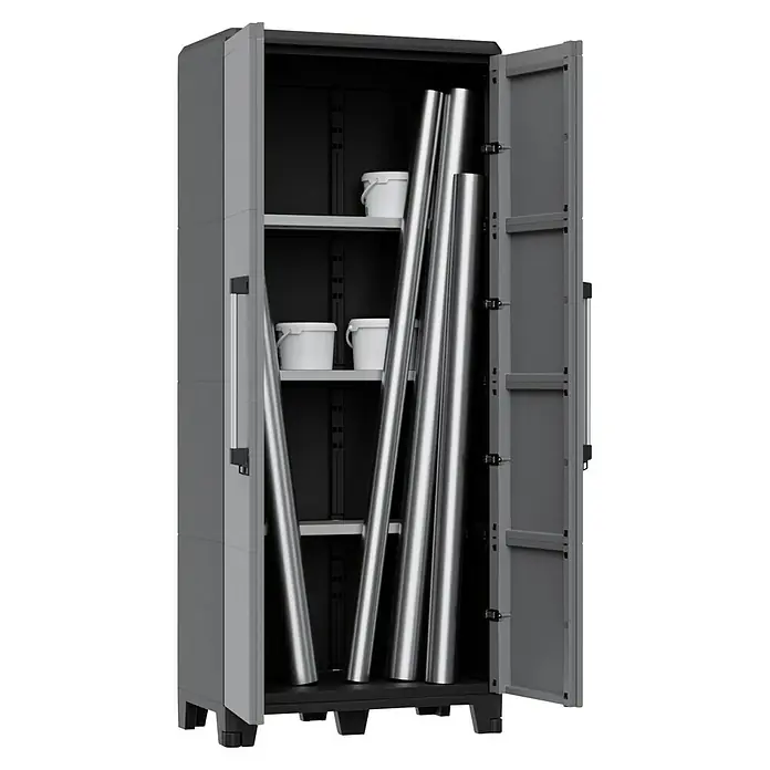 Terry Armario multiusos de plástico  Alto + bajo PRO Modular - Gris/Negro, Plástico - Imagen de un armario de plástico gris abierto con estantes, cubos y barras de metal en el interior, perfecto para guardar varios objetos.