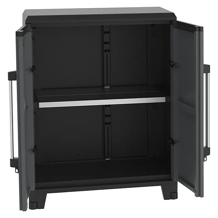 Terry Armario multiusos de plástico  Alto + bajo PRO Modular - Gris/Negro, Plástico - Armario de plástico negro con dos puertas abiertas y un estante. Ideal para garaje, sótano o jardín.