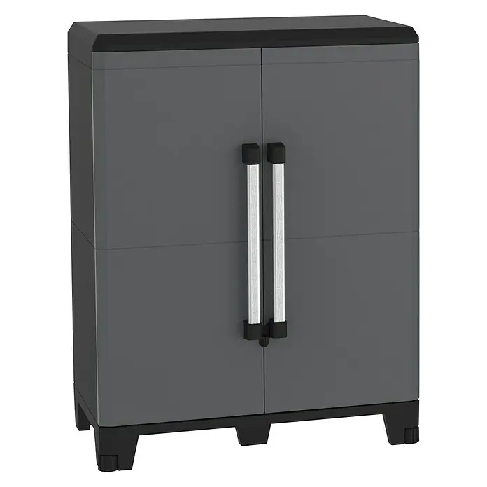 Terry Armario multiusos de plástico  Alto + bajo PRO Modular - Gris/Negro, Plástico - Armario de plástico gris con dos puertas y asas plateadas para almacenamiento adicional. Solución práctica para cualquier espacio.