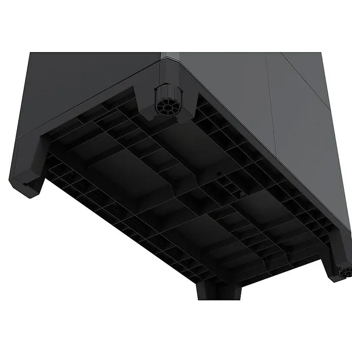 Terry Armario multiusos de plástico  Alto + bajo PRO Modular - Gris/Negro, Plástico - Detalle de la parte inferior de un producto negro, mostrando los detalles de construcción y las patas.