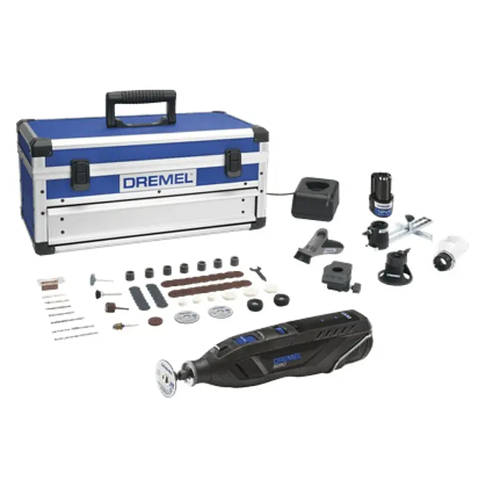 Dremel Herramienta rotativa a batería 8260 - 12 V, 3 Ah, Número de revoluciones de marcha en vacío: 5.000 r.p.m. - 30.000 r.p.m. - Aquí hay un kit de herramientas rotativas Dremel, que comprende una multiherramienta, accesorios y una caja de almacenamiento.