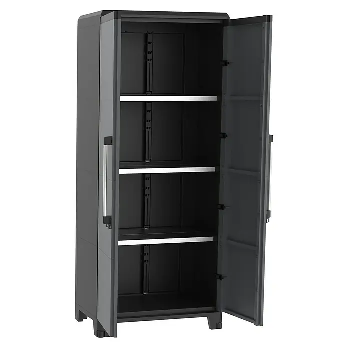 Terry Armario multiusos de plástico  Alto + bajo PRO Modular - Gris/Negro, Plástico - Se muestra un armario de plástico gris, abierto, con tres estantes blancos. El armario está destinado al espacio de almacenamiento.