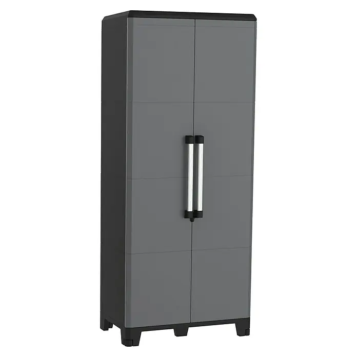 Terry Armario multiusos de plástico  Alto + bajo PRO Modular - Gris/Negro, Plástico - Armario de jardín de plástico gris con puertas dobles y asas plateadas, perfecto para almacenamiento exterior.