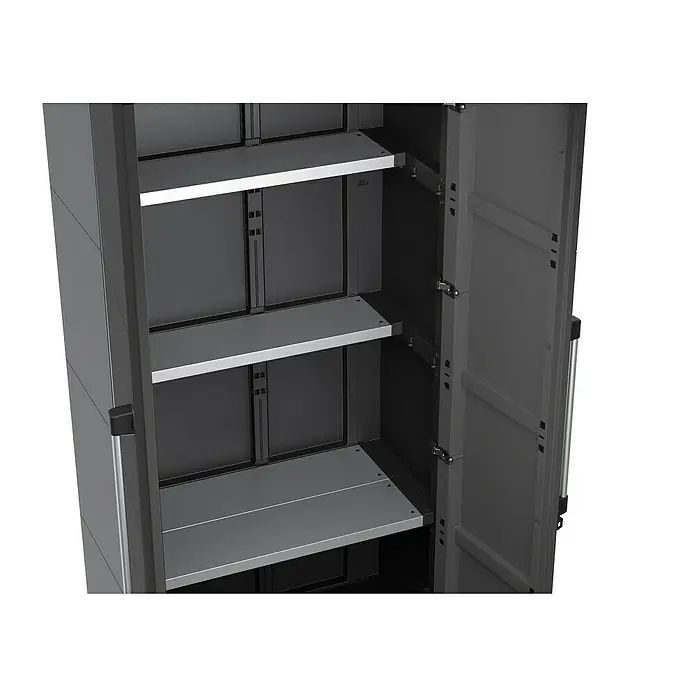 Terry Armario multiusos de plástico  Alto + bajo PRO Modular - Gris/Negro, Plástico - Un armario oscuro con puertas abiertas y estantes gris claro en el interior, presentado sobre un fondo blanco.