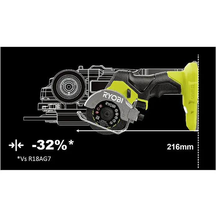 Ryobi ONE+HP Akku-Winkelschleifer RCT18C-0 - 18 V, Ohne Akku - Ryobi ONE+ HP Akku-Winkelschleifer mit 76 mm Scheibe, kompakt und leicht, ideal für präzise Schnitte und Schleifarbeiten.