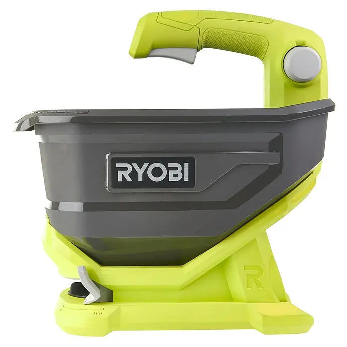 Ryobi ONE+ Handstreuer OSS180018 V, Anzahl Akkus: Ohne Akku - Nahaufnahme eines gelben und grauen RYOBI-Streugeräts mit einem Griff und einem Behälter zur Verteilung von Materialien.