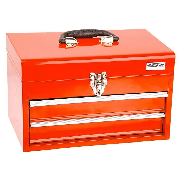 Brüder Mannesmann Caja para herramientas - L x An x Al: 26,5 x 40 x 27,5 cm, 155 pzs. - Caja de herramientas metálica naranja con asa negra, cierre plateado y dos cajones frontales.