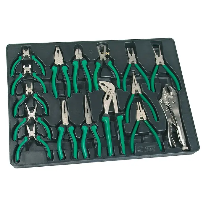 Brüder Mannesmann Werkstattwagen Green Line - L x B x H: 114 x 75 x 55 cm - Werkzeugsatz in einer schwarzen Ablage mit verschiedenen Zangen und Schraubenschlüsseln mit grünen Griffen.