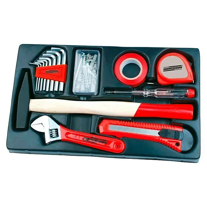 Brüder Mannesmann Caja para herramientas - L x An x Al: 26,5 x 40 x 27,5 cm, 155 pzs. - Kit de herramientas rojo y negro en bandeja de plástico, con llaves Allen, martillo, llave inglesa, cinta, cinta métrica, probador de tensión, cúter y tacos.