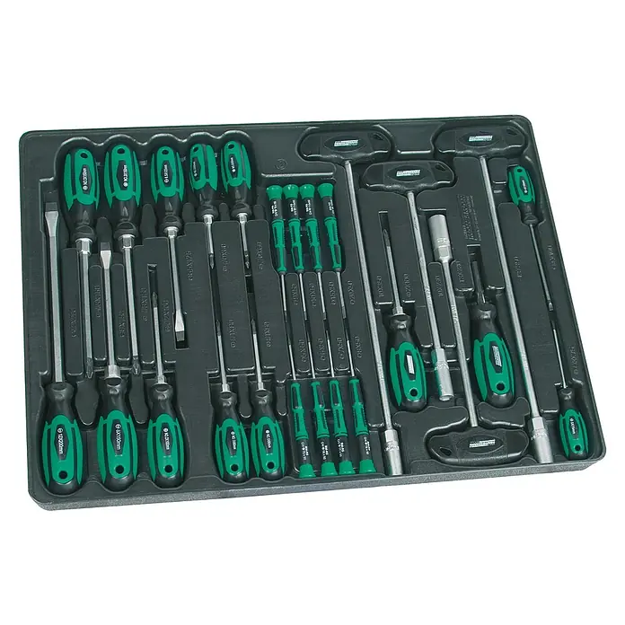 Brüder Mannesmann Werkstattwagen Green Line - L x B x H: 114 x 75 x 55 cm - Sortiment von Schraubendrehern und Steckschlüsseln in einer geformten schwarzen Werkzeugablage.