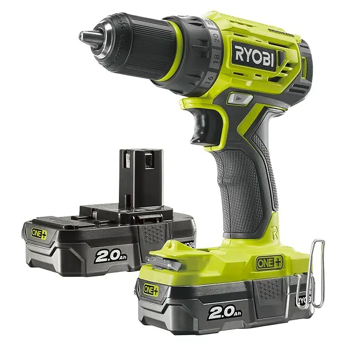 Ryobi ONE+ Akku-Bohrschrauber R18DD7-220S - 18 V, 2 Akkus, 2 Ah, 60 Nm - Nahaufnahme eines Ryobi ONE+ Akku-Bohrschraubers mit 2,0 Ah Akku, ideal für Heimwerkerprojekte und professionelle Anwendungen.