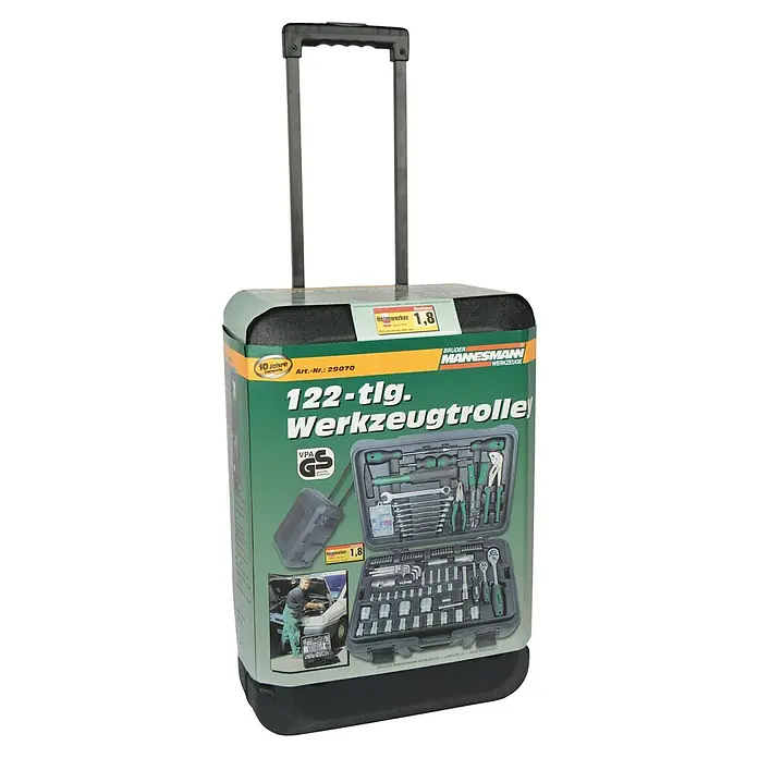 Brüder Mannesmann Werkzeugkoffer Green Line - L x B x H: 27 x 39 x 57 cm, 122 -tlg. - Bild eines Mannesmann Werkzeugtrolleys mit 122 Teilen, ideal für Heimwerker und Profis. Das Set bietet eine Vielzahl an Werkzeugen für diverse Reparaturen.