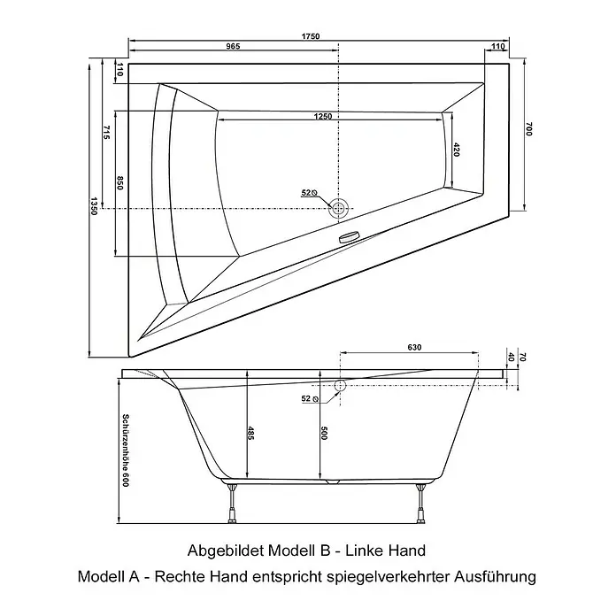 Ottofond Raumsparbadewanne Cebu 2 B - 175 x 135 cm, Sanitäracryl, Weiß, Links - Abbildung eines Eckbadewannen-Modells B mit den Maßen 1750x1350x700 mm, inklusive detaillierter Seitenansicht und Höhenangaben.