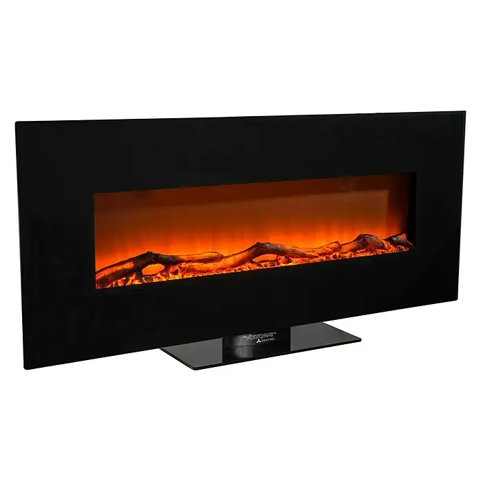 Voltomat HEATING Stand- & Wandkamin Flat - Schwarz, 26 x 128 x 61 cm - Ein stilvoller, schwarzer elektrischer Kamin mit realistischen Flammen und Holzscheiten, ideal für gemütliche Abende.