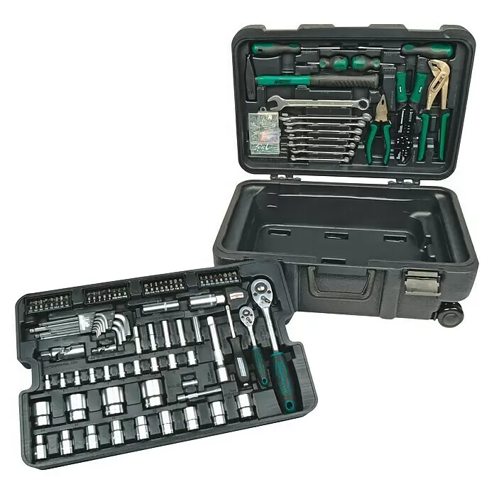 Brüder Mannesmann Maletín de herramientas Green Line - 122 pzs. - Dos cajas de herramientas negras abiertas con un juego completo de herramientas manuales plateadas y verdes, que incluye llaves de vaso, llaves fijas, destornilladores y alicates.
