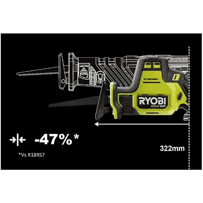 Ryobi ONE+HP Akku-Säbelsäge RRS18C-0 - 18 V, Li-Ionen, Ohne Akku, 3.300 U/min - Ryobi ONE+ HP Akku-Säbelsäge mit kompakter Bauweise, ideal für schwer zugängliche Bereiche, -47% kürzer als R18RS7 und 322mm Länge.