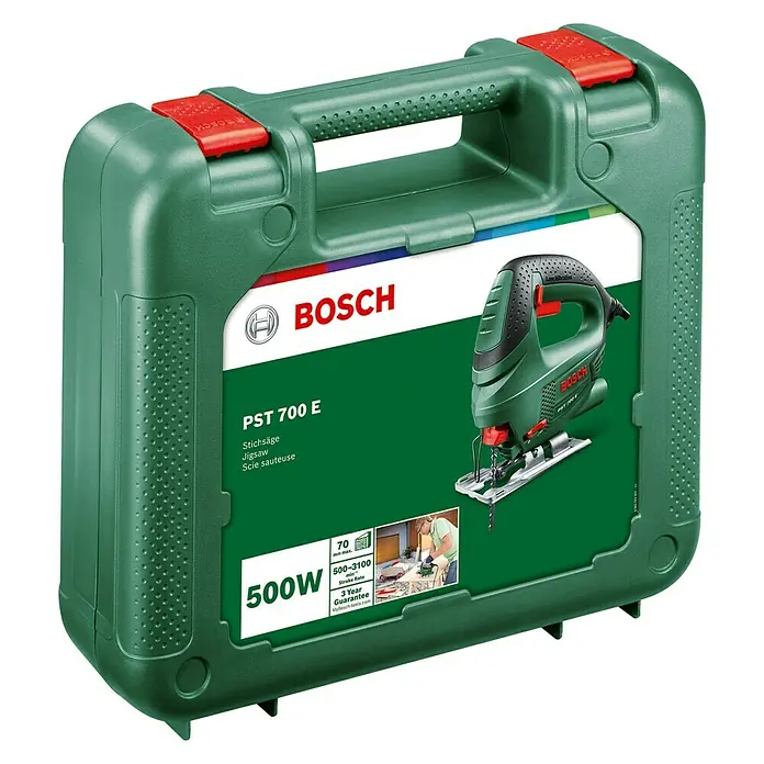 Bosch Elektro-Stichsäge PST 700 E - 500 /min - 3.100 /min, 70 mm, 500 W - Grüne Kunststoffbox für eine Bosch PST 700 E Stichsäge, ideal für präzise Holzarbeiten und Heimwerkerprojekte.