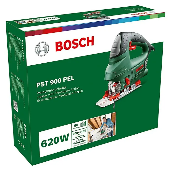 Bosch Elektro-Stichsäge PST 650 - 3.100 /min, 65 mm - Die Verpackung der Bosch PST 900 PEL Stichsäge mit Pendelhub, 620W Leistung und 3 Jahren Garantie für präzise Schnitte.