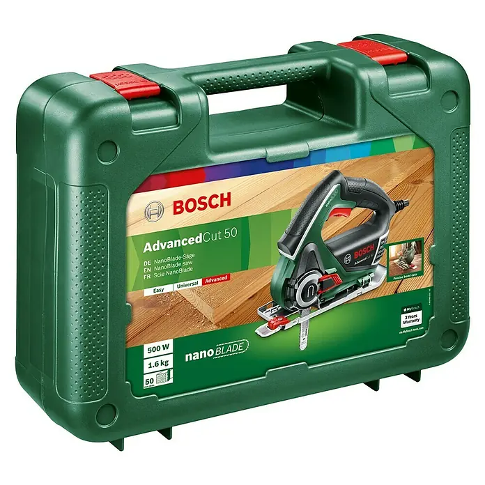 Bosch NanoBlade-Säge AdvancedCut 50 - 500 W - Bild einer Bosch AdvancedCut 50 NanoBlade Säge in einer grünen Tragetasche.