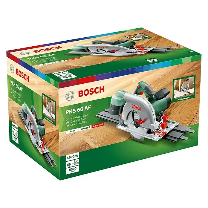 Bosch Handkreissäge PKS 66 AF - 1.600 W, 5.000 U/min - Produktverpackung der Bosch PKS 66 AF Handkreissäge, mit technischen Daten und Anwendungsbildern.
