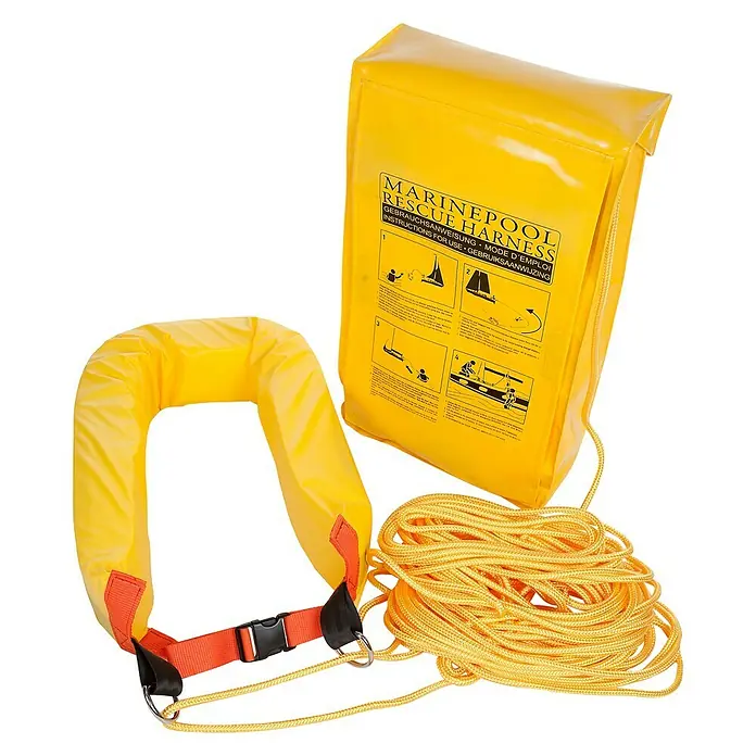 Marinepool Rescue SystemGelb - Gelbe Marinepool Rettungsweste mit Gurt und Seil zur Sicherheit auf dem Wasser, ideal für Segler und Wassersportler.