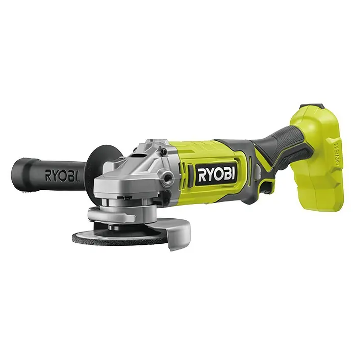 Ryobi ONE+ Akku-Winkelschleifer RAG18125-0 - Ohne Akku, Durchmesser Scheibe: 125 mm - Das Bild zeigt einen gelb-grauen Ryobi Akku-Winkelschleifer mit Schleifscheibe und schwarzem Griff vor einem schwarzen Hintergrund.