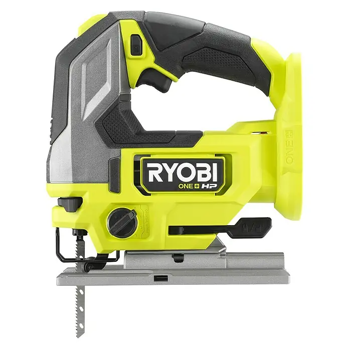 Ryobi ONE+HP Akku-Stichsäge RJS18X-0 Performance - 18 V, Ohne Akku, Leerlaufhubzahl: 800 /min - 3.400 /min - Akkubetriebene Stichsäge von Ryobi mit gelbem Gehäuse, schwarzem Griff und silberner Fußplatte für präzise Schnitte.