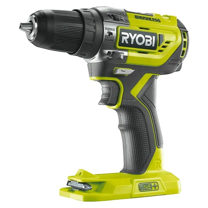 Ryobi ONE+ Akku-Schlagbohrschrauber R18PD5-0 - 18 V, Ohne Akku, 50 Nm - Bild einer grünen Ryobi Akku-Bohrmaschine mit schwarzem Griff und Akku. Das Gerät ist für Hammer-, Bohr- und Schraubarbeiten geeignet.