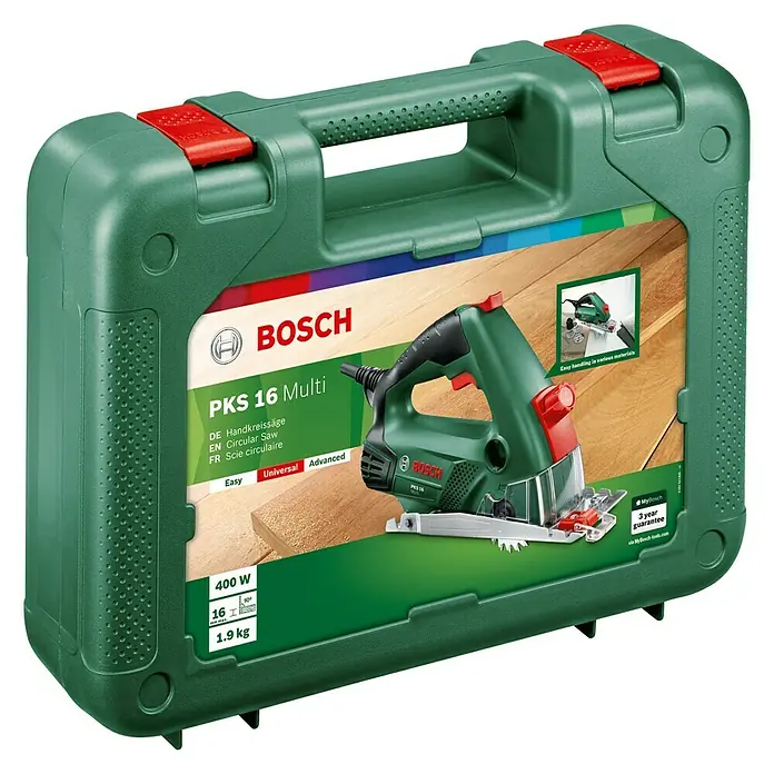 Bosch Handkreissäge PKS 16 - 400 W, Durchmesser Sägeblatt: 65 mm - Abbildung einer grünen Bosch PKS 16 Multi Handkreissäge im zugehörigen Werkzeugkoffer.
